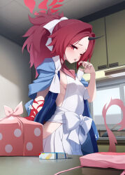 Rule 34 | 1girl, black horns, blue archive, blush, dragon girl, halo, haori, highres, horns, indoors, japanese clothes, long hair, looking at viewer, mofu namako, one eye closed, pleated skirt, ponytail, red eyes, red hair, red halo, red sailor collar, red tail, renge (blue archive), sailor collar, single horn, skirt, solo, tongue, tongue out, white skirt