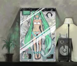 Rule 34 | 1girl, aqua hair, barefoot, box, bra, closed eyes, gond, groin, hatsune miku, headphones, highres, in box, in container, indoors, lamp, lingerie, long hair, lowleg, lowleg panties, panties, plant, restrained, smile, solo, speaker, strapless, strapless bra, striped clothes, striped panties, twintails, underwear, very long hair, vocaloid