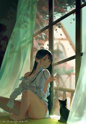 Rule 34 | 1girl, artist name, bare legs, barefoot, black hair, cat, collared shirt, commentary, curtains, dated, falling leaves, highres, leaf, long hair, long sleeves, mmmilk, no pants, off shoulder, original, panties, red eyes, shirt, sitting, solo, underwear, white panties, white shirt, window