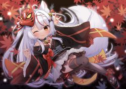 Rule 34 | 1girl, 6l36, :3, ;3, animal ears, autumn leaves, belt, double fox shadow puppet, fang, fang out, fox ears, fox girl, fox mask, fox shadow puppet, fox tail, frilled skirt, frilled sleeves, frills, full body, highres, indie virtual youtuber, japanese clothes, kamiko kana, kimono, leaf, long hair, long sleeves, maple leaf, mask, multicolored hair, one eye closed, orange eyes, red hair, sandals, silver hair, skirt, smile, streaked hair, tail, thighhighs, very long hair, virtual youtuber, zettai ryouiki