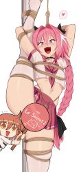 Rule 34 | 1boy, absurdres, astolfo (fate), astolfo (sailor paladin) (fate), bagelbomb, bdsm, blush, bondage, bound, bow, braid, braided ponytail, censored, crossdressing, fate/grand order, fate (series), hair bow, hair intakes, highres, long braid, long hair, looking at viewer, male focus, midriff, multicolored hair, navel, neckerchief, official alternate costume, open mouth, panties, pink hair, pink neckerchief, pink sailor collar, pink skirt, purple eyes, sailor collar, school uniform, serafuku, shibari, shirt, short sleeves, simple background, skirt, smile, solo, streaked hair, thighhighs, trap, underwear, white background, white hair, white shirt, white thighhighs