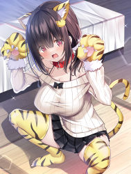 Rule 34 | 1girl, animal ear fluff, animal ears, animal hands, animal print, black skirt, blush, breasts, brown hair, cleavage, collar, gloves, hair between eyes, highres, kurou (quadruple zero), long sleeves, looking at viewer, open mouth, original, paw gloves, pleated skirt, print thighhighs, red collar, short hair, skirt, solo, squatting, sweater, tail, teeth, thighhighs, thighs, tiger ears, tiger print, tiger tail, white sweater, wooden floor, yellow thighhighs, zettai ryouiki