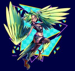 Rule 34 | 1girl, absurdres, artist name, bird legs, black thighhighs, breasts, cleavage, commentary, commission, dolphin shorts, english commentary, feathered wings, feathers, front-tie bra, green feathers, green hair, green wings, harpy, head wings, highres, jacket, looking at viewer, midriff, monster girl, navel, one eye closed, open clothes, open jacket, original, pinkpio1, shorts, sleeveless, sleeveless jacket, small breasts, solo, talons, thighhighs, winged arms, wings, yellow eyes