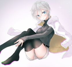 Rule 34 | 1girl, anastasia (idolmaster), belt, black thighhighs, blue eyes, blurry, blurry foreground, breasts, cross, cross necklace, earrings, gradient background, grey sweater, hair between eyes, highres, idolmaster, idolmaster cinderella girls, jacket, jewelry, knees together feet apart, legs together, medium breasts, necklace, ribbed sweater, rum raisin (chihiromakita19), short hair, shorts, simple background, sitting, solo, sweater, thighhighs, turtleneck, turtleneck sweater, white background, white hair, white jacket, white shorts