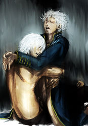 Rule 34 | 00s, 2boys, brother, brothers, capcom, clothed sex, dante (devil may cry), devil may cry (series), implied sex, in lap, incest, male focus, multiple boys, pubic hair, sex, siblings, vergil (devil may cry), white hair, yaoi