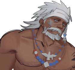 Rule 34 | 1boy, bara, braid, dark-skinned male, dark skin, facial mark, final fantasy, final fantasy xiv, headband, highres, hyur, jewelry, jitome, long hair, lyon rem helsos, male focus, mature male, muscular, muscular male, necklace, nipples, notesonlyonpii, nude, old, old man, scar, scar on face, scar on nose, side braid, sideburns, sparse chest hair, tooth necklace, tribal, unfinished, upper body, white hair, white headband