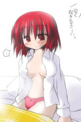 Rule 34 | 1girl, bed, blush, breasts, cleavage, murabito, open clothes, open shirt, panties, pillow, red eyes, red hair, shirt, short hair, solo, translated, underwear