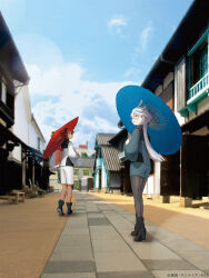 Rule 34 | 2girls, absurdres, ahoge, architecture, artist request, asticassia school uniform, black footwear, blue sky, boots, cloud, cloudy sky, copyright notice, east asian architecture, full body, green shorts, gundam, gundam suisei no majo, hairband, highres, long hair, looking back, miorine rembran, multiple girls, official art, oil-paper umbrella, outdoors, pantyhose, photo background, red hair, school uniform, short shorts, shorts, sky, suletta mercury, umbrella, very long hair, walking, white hair, white shorts