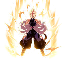 Rule 34 | 10s, 1boy, abs, alternate costume, aura, bare shoulders, belt, black shirt, blonde hair, boots, dragon ball, dragon ball super, gloves, green eyes, highres, impossible clothes, male focus, monkey tail, muscular, official style, open mouth, puffy pants, shirt, sleeveless, sleeveless shirt, solo, spiked hair, super saiyan, tail, tasaka shinnosuke, vegeta, white background, white gloves