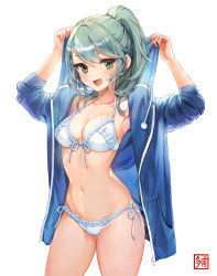 Rule 34 | 1girl, :d, absurdres, armpits, arms up, bikini, blue jacket, breasts, cleavage, collarbone, commentary request, cowboy shot, dabo (parksh5054), drawstring, fang, frilled bikini, frills, front-tie bikini top, front-tie top, green eyes, green hair, halterneck, has bad revision, highres, hood, hooded jacket, jacket, long hair, long sleeves, looking at viewer, medium breasts, navel, open clothes, open jacket, open mouth, original, ponytail, revision, side-tie bikini bottom, sidelocks, simple background, smile, solo, standing, stomach, swimsuit, thighs, white background, white bikini