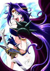 Rule 34 | 1girl, armband, armor, ass, blue eyes, breasts, cape, circlet, cleavage, earrings, from behind, gloves, hand on own hip, jewelry, large breasts, legband, long hair, looking at viewer, looking back, naga the serpent, nekomaru, one eye closed, open mouth, pauldrons, purple hair, revealing clothes, shoulder armor, slayers, solo, spikes, sword, very long hair, weapon