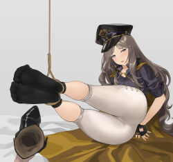 Rule 34 | 1girl, absurdres, ass, bdsm, bondage, bound, bound ankles, brown dust, brown hair, chuck (harfmoondark), gloves, hat, highres, long hair, looking at viewer, ludmilla (brown dust), mole, mole under eye, no shoes, socks, solo