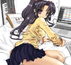 Rule 34 | 00s, 1girl, black hair, clannad, computer, ichinose kotomi, instrument, keyboard, keyboard (computer), keyboard (instrument), laptop, mixer, musical note, oekaki, purple eyes, roland (company), school uniform, solo, synthesizer, toshi (little-fluffy-cloud), twintails, two side up