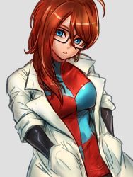 Rule 34 | 1girl, alternate hairstyle, android 21, black-framed eyewear, blue eyes, breasts, brown hair, checkered clothes, checkered dress, coat, collarbone, commentary request, dragon ball, dragon ball fighterz, dress, earrings, glasses, grey background, hair over shoulder, hands in pockets, hoop earrings, jewelry, kemachiku, lab coat, long hair, medium breasts, parted lips, solo, two-tone dress, very long hair, white coat