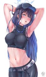 Rule 34 | 1girl, :o, absurdres, armpits, arms behind head, arms up, bare arms, bare shoulders, baseball cap, black hat, black pants, black shirt, blue archive, blue eyes, blue hair, blush, breasts, commentary request, cowboy shot, crop top, dime-san, hat, highres, large breasts, leggings, long hair, looking at viewer, midriff, navel, open mouth, pants, partial commentary, saori (blue archive), shirt, simple background, sleeveless, sleeveless shirt, solo, standing, stomach, sweat, very long hair, white background
