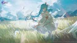 Rule 34 | 1girl, azur lane, bird, blue eyes, blue hair, blue sky, braid, breasts, closed mouth, cloud, cloudy sky, commentary, copyright name, crown, day, detached collar, detached sleeves, dress, english commentary, eyes visible through hair, field, floating hair, frilled dress, frills, full body, hair between eyes, hair intakes, hair over one eye, highres, janus (azur lane), konya karasue, light blue hair, logo, long hair, looking at viewer, mini crown, mountainous horizon, official art, outdoors, pantyhose, red ribbon, ribbon, scenery, second-party source, skirt hold, sky, small breasts, smile, solo, standing, sunlight, tilted headwear, twin braids, twintails, watermark, white bird, white dress, white pantyhose, wide sleeves, wings