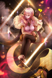 Rule 34 | 1girl, abstract background, alternate costume, arm rest, arm up, arm warmers, armlet, bad id, bad pixiv id, black pantyhose, blonde hair, blouse, breasts, claws, commentary, crossed legs, crystal, diffraction spikes, english commentary, evelynn (league of legends), fur-trimmed sleeves, fur trim, glint, halterneck, heart, jewelry, k/da (league of legends), k/da evelynn, league of legends, lips, long hair, looking at viewer, medium breasts, necklace, orange eyes, pantyhose, parted lips, pistachiocream, red lips, shirt, sitting, sitting on object, smile, solo, stole, very long hair, white shirt