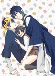 Rule 34 | 10s, 1girl, 2boys, annoyed, arm support, bandana, black hair, black socks, blue eyes, blue hair, blush, boy sandwich, casual, clenched hand, dual persona, eye contact, female saniwa (touken ranbu), food, grey eyes, group sex, hair bobbles, hair ornament, hairband, hand on another&#039;s head, hand on another&#039;s thigh, hetero, japanese clothes, kneehighs, leaning on person, long hair, long sleeves, looking at another, macaron, mikazuki munechika, mmf threesome, multiple boys, namerakaweb, patterned background, sandwiched, saniwa (touken ranbu), sayagata, sitting, socks, tassel, thighs, threesome, touken ranbu, turtleneck, twintails, twitter username