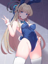 Rule 34 | 1girl, amagaeru (hylathewet), animal ears, bare shoulders, blonde hair, blue archive, blue eyes, blue hair, blush, bow, bowtie, breasts, commentary request, detached collar, earpiece, fake animal ears, groin, halo, hand on own hip, highleg, highleg leotard, highres, leotard, long hair, looking at viewer, medium breasts, multicolored hair, rabbit ears, rabbit tail, solo, tail, thighhighs, toki (blue archive), toki (bunny) (blue archive), two-tone hair, white thighhighs