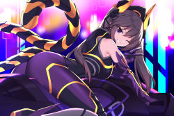 Rule 34 | 1girl, ass, bare shoulders, bodysuit, brown hair, cat tail, duel monster, elbow gloves, fake tail, gloves, hand up, highres, i:p masquerena, long hair, motor vehicle, motorcycle, official alternate costume, on motorcycle, one eye closed, purple eyes, riding, rx7649, smile, solo, tail, twintails, v, yu-gi-oh!