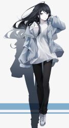 Rule 34 | 1girl, ahoge, black hair, black pants, blue jacket, commentary, converse, cross-laced footwear, full body, grey eyes, highres, hoshino ichika (project sekai), jacket, long hair, looking at viewer, pants, parted bangs, parted lips, project sekai, shadow, shirt, sidelocks, simple background, sleeves past wrists, solo, standing, swept bangs, white footwear, white shirt, yoa428