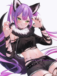 Rule 34 | 1girl, :q, absurdres, alternate costume, animal ears, belt, belt collar, black collar, black nails, black shirt, black thighhighs, blunt bangs, blush, chain, chain leash, claw pose, closed mouth, collar, commentary request, cowboy shot, denim, denim shorts, ear piercing, earclip, fake animal ears, fingernails, fur-trimmed shorts, fur scarf, fur trim, green eyes, heart, heart tattoo, highres, hololive, leash, long hair, long sleeves, looking at viewer, midriff, multicolored hair, nail polish, navel, navel piercing, off-shoulder shirt, off shoulder, piercing, pink hair, purple hair, runlan 0329, sharp fingernails, shirt, short shorts, shorts, simple background, smile, solo, stomach, stomach tattoo, tail, tattoo, thighhighs, tokoyami towa, tongue, tongue out, torn clothes, torn shirt, torn thighhighs, twintails, two-tone hair, very long hair, virtual youtuber, white background