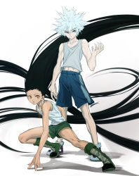 Rule 34 | 2boys, absurdres, bare arms, bare shoulders, black hair, blue eyes, blue shorts, boots, brown eyes, child, expressionless, fighting stance, floating hair, full body, glowing, glowing hair, gon freecss, green footwear, green shorts, highres, hunter x hunter, k.g (matsumoto zo), killua zoldyck, knee boots, long hair, male focus, messy hair, midriff peek, multiple boys, serious, short hair, shorts, skinny, spiked hair, spoilers, spread legs, tank top, toned, toned male, very long hair, white background, white hair, white tank top