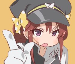 Rule 34 | &gt;:o, 10s, 1girl, :o, aiguillette, angry, bandaid, bandaid on face, banko, blush, bow, brown hair, gakuran, gloves, hair bow, hat, index finger raised, long hair, looking at viewer, maroon hair, open mouth, orange background, peaked cap, polka dot, purple eyes, rinouru, school uniform, sidelocks, simple background, solo, the rolling girls, upper body, v-shaped eyebrows, white gloves