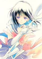 Rule 34 | 1girl, agahari, beige background, bishoujo senshi sailor moon, black hair, choker, commentary request, earrings, gloves, highres, holding, holding staff, jewelry, looking at viewer, magical girl, purple choker, purple eyes, sailor collar, sailor saturn, short hair, simple background, solo, staff, super sailor saturn, tiara, tomoe hotaru, traditional media, white gloves
