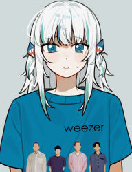 Rule 34 | 1girl, alternate costume, bad id, bad twitter id, band shirt, blue eyes, blue hair, blue shirt, commentary, crying, emne, english commentary, gawr gura, grey background, grey hair, hair ornament, highres, hololive, hololive english, looking at viewer, medium hair, merchandise, multicolored hair, shark girl, shark hair ornament, shirt, sidelocks, simple background, solo, straight-on, streaked hair, t-shirt, tears, two side up, upper body, virtual youtuber, weezer (band)