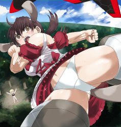 Rule 34 | 2girls, animal ears, arms up, blonde hair, blush, breasts, brown eyes, brown hair, crotch seam, dirndl, dog ears, dog tail, erica hartmann, frills, german clothes, gertrud barkhorn, hosoinogarou, large breasts, medium hair, multiple girls, navel, neuroi, open mouth, outdoors, panties, short hair, sky, smile, strike witches, striker unit, tail, twintails, underwear, white panties, world witches series