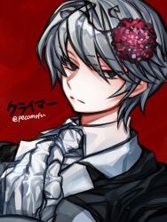 Rule 34 | 1boy, black eyes, black jacket, bright pupils, closed mouth, collared shirt, commentary request, e.g.o (project moon), employee (project moon), flower, grey hair, grey pupils, hair flower, hair ornament, jacket, lobotomy corporation, male focus, necktie, open clothes, open jacket, portrait, project moon, red flower, shirt, short hair, shot (urem), solo, translation request, white necktie, white shirt