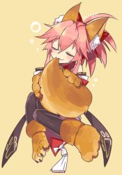 Rule 34 | 1girl, animal ears, animal hands, bell, biting, biting own tail, bow, closed eyes, collar, detached sleeves, fate/grand order, fate (series), fox ears, fox tail, full body, gloves, hair bow, japanese clothes, neck bell, negi (ulog&#039;be), paw gloves, pink hair, ponytail, solo, tail, tail biting, tamamo (fate), tamamo cat (fate), tamamo cat (first ascension) (fate), tamamo no mae (fate/extra), thighhighs, zettai ryouiki