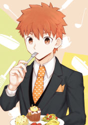 Rule 34 | 1boy, absurdres, alternate costume, bad id, bad pixiv id, black suit, cake, collared shirt, eating, emiya shirou, fate/stay night, fate (series), food, fork, formal, highres, holding, holding fork, male focus, moto (otemoto02), necktie, orange hair, shirt, short hair, solo, suit, upper body, white shirt, wide-eyed, yellow eyes