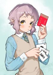 Rule 34 | 1girl, absurdres, blue shirt, blush, brown vest, bukimi isan, card, collared shirt, commentary request, green necktie, grey hair, highres, holding, holding card, idolmaster, idolmaster million live!, joker (playing card), long sleeves, makabe mizuki, necktie, orange eyes, playing card, shirt, short hair, simple background, solo, striped necktie, translation request, upper body, vest, white background