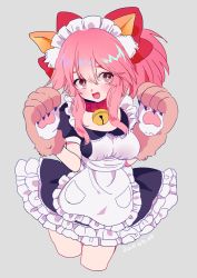 Rule 34 | 1girl, alternate costume, animal ears, animal hands, apron, bad id, bad pixiv id, bell, breasts, collar, enmaided, fang, fate/grand order, fate (series), fox ears, hair ribbon, highres, large breasts, long hair, looking at viewer, maid, maid apron, maid headdress, murasaki pomeranian, neck bell, open mouth, pink hair, ribbon, solo, tamamo (fate), tamamo cat (fate), tamamo cat (second ascension) (fate), tamamo no mae (fate/extra), waist apron, yellow eyes
