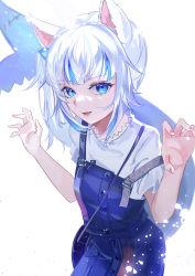 Rule 34 | 1girl, absurdres, animal ears, blue eyes, blue hair, cat ears, claw pose, commentary, cowboy shot, dice hair ornament, fins, fish tail, gawr gura, gawr gura (casual), hair ornament, highres, hololive, hololive english, kemonomimi mode, long hair, looking at viewer, multicolored hair, nail polish, official alternate costume, open mouth, overalls, pink nails, revision, shark tail, shirt, short sleeves, side ponytail, smile, solo, streaked hair, symbol-only commentary, tail, tail raised, vardan, virtual youtuber, white background, white hair, white shirt