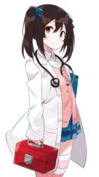 Rule 34 | 10s, 1girl, black hair, clipboard, doctor, female focus, flat chest, jpeg artifacts, lab coat, looking at viewer, love live!, love live! school idol festival, love live! school idol project, pink thighhighs, red eyes, short hair, simple background, skirt, smile, solo, stethoscope, striped clothes, striped thighhighs, thighhighs, totoki86, twintails, white background, yazawa nico