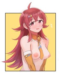 Rule 34 | 1girl, ahoge, blush, breasts, commentary request, detached collar, elbow gloves, flying sweatdrops, gloves, hair ornament, hairclip, highres, idolmaster, idolmaster shiny colors, komiya kaho, labotamochi, long hair, looking at viewer, medium breasts, necktie, nipples, red eyes, red hair, shooting star hair ornament, solo, star (symbol), star hair ornament, sweatdrop, topless, upper body, yellow background, yellow necktie