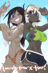 Rule 34 | + +, 2girls, ;d, absurdres, artbook, back-to-back, bikini, bikini bottom only, black hair, black skin, blue eyes, bracelet, breasts, claude (demon mages), cleavage, colored skin, cover, cover page, cowboy shot, crybringer, dark elf, demon mages, earrings, elf, eyewear on head, front-tie top, green nails, grey skin, highres, jewelry, m/, medium breasts, midriff, multiple girls, nail polish, navel, one eye closed, open mouth, orange nails, pointy ears, scar, short shorts, shorts, side-tie bikini bottom, silver hair, smile, sports bra, striped bikini, striped bikini bottom, striped clothes, sunglasses, swimsuit, tara olphoros, wristband