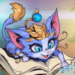 Rule 34 | animal, animal focus, blue eyes, book, cat, fang, league of legends, multicolored background, no humans, open book, open mouth, phantom ix row, yuumi (league of legends)