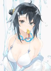 Rule 34 | 1girl, ahoge, arknights, bare shoulders, bikini, black hair, breasts, cleavage, collarbone, grey background, grey eyes, highres, jacket, la pluma (arknights), la pluma (summer flowers) (arknights), looking at viewer, medium breasts, mouth hold, off shoulder, short hair, solo, swimsuit, tochi (tochitochi2523), upper body, whistle, white bikini, white jacket