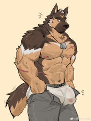 Rule 34 | 1boy, abs, absurdres, animal ears, ass, ass lift, bara, bouncing ass, bouncing bulge, boxers, brown fur, bulge, bulge lift, covered penis, dog boy, dog ears, dog tags, dog tail, dressing, facial hair, feet out of frame, furry, furry male, goatee, grey pants, highres, i&#039;ve never seen a guy recreate this successfully tbh (meme), large bulge, large pectorals, looking at bulge, male focus, male underwear, mature male, meme, muscular, muscular male, navel, nipples, open pants, original, pants, pants lift, pectorals, run (arun six), scar, scar on arm, scar on chest, see-through, short hair, sideburns, solo, stomach, sweat, sweatdrop, tail, thick eyebrows, thick thighs, thighs, topless male, undersized clothes, underwear, veins, veiny arms, wet, wet clothes, wet male underwear, white male underwear