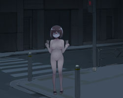 Rule 34 | 1girl, blue eyes, breasts, brown hair, building, city, collarbone, crosswalk, double v, exhibitionism, full body, glasses, highres, large breasts, looking at viewer, mask, mouth mask, navel, night, nipples, no pussy, nude, original, outdoors, public indecency, rainen ganbarimashita, red-framed eyewear, road, sandals, short hair, solo, standing, traffic light, v