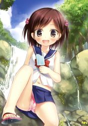 Rule 34 | 1girl, :d, absurdres, bare shoulders, blue skirt, bow, bowtie, brown eyes, brown hair, cameltoe, collarbone, day, feet, food, forest, hair bobbles, hair ornament, highres, ice, looking at viewer, matching hair/eyes, nature, navel, open mouth, original, outdoors, panties, pink panties, pleated skirt, popsicle, red bow, rock, sandals, scan, school uniform, serafuku, shirt, short hair, skirt, sleeveless, sleeveless shirt, smile, solo, toes, tree, two side up, underwear, water, waterfall, white shirt, yukino minato