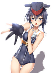Rule 34 | 10s, 1girl, asymmetrical hair, black hair, blurry, brown eyes, cowboy shot, depth of field, foreshortening, framed breasts, gloves, hair between eyes, hand on own chest, hat, headphones, highres, i-13 (kancolle), kantai collection, looking at viewer, open mouth, partially fingerless gloves, rinrin kai, sailor collar, school swimsuit, shadow, short hair, simple background, single glove, solo, swimsuit, white background