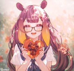 Rule 34 | 1girl, 2nii, :d, alternate costume, artist name, black-framed eyewear, blurry, blurry background, blush, box, commentary request, fangs, glasses, hair ornament, hairclip, heart-shaped box, hololive, hololive english, long hair, looking at viewer, mole, mole under eye, neckerchief, ninomae ina&#039;nis, open mouth, pointy ears, purple eyes, purple hair, sailor collar, school uniform, serafuku, smile, solo, tentacle hair, upper body, valentine, virtual youtuber