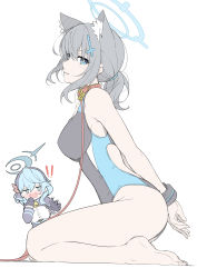 Rule 34 | !, !!, 2girls, absurdres, ako (blue archive), animal ear fluff, arms behind back, bare legs, barefoot, blue archive, blue eyes, blue hair, blush, collar, competition swimsuit, cross hair ornament, cuffs, extra ears, grey hair, hair ornament, halo, highres, leash, looking at another, looking at viewer, masabodo, multiple girls, one-piece swimsuit, open mouth, parted lips, ponytail, red collar, shiroko (blue archive), shiroko (swimsuit) (blue archive), sideways glance, simple background, sitting, swimsuit, two-tone swimsuit, white background
