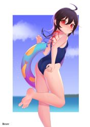 Rule 34 | 1girl, adjusting clothes, adjusting swimsuit, ahoge, alternate costume, ass, asymmetrical wings, black hair, blue one-piece swimsuit, blue sky, blue wings, blurry, blurry background, blush, border, breasts, closed mouth, cloud, commission, feet, food, food print, foot out of frame, hair between eyes, highres, houjuu nue, innertube, leg up, long hair, looking at viewer, looking back, mini wings, ocean, one-piece swimsuit, outside border, recare, red eyes, red wings, signature, sky, small breasts, soles, solo, swim ring, swimsuit, tempura, touhou, water, white border, wings