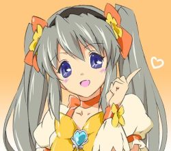 Rule 34 | 1girl, blue eyes, bow, brooch, clannad, cosplay, cure sunshine, cure sunshine (cosplay), face, hairband, heart, heart brooch, heartcatch precure!, kuwashima houko, magical girl, orange background, precure, sakagami tomoyo, silver hair, twintails, umanosuke, voice actor connection, yellow bow